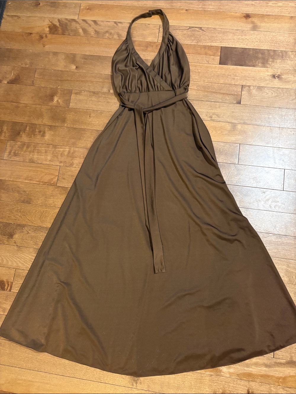 Vintage Chocolate Brown Halter Maxi Dress with Waist Tie